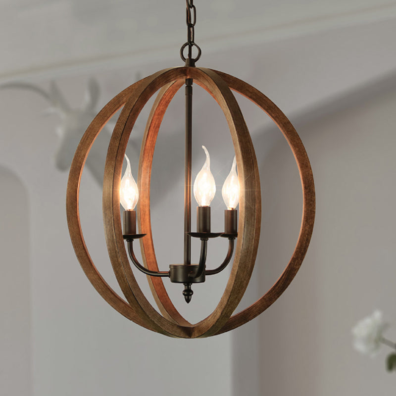 Industrial Loft Wooden Pendant Chandelier With 3 Spherical Lights - Brown Ideal For Dining Room