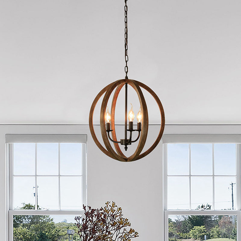 Industrial 3-Light Wooden Sphere Chandelier Pendant for Dining Room in Brown