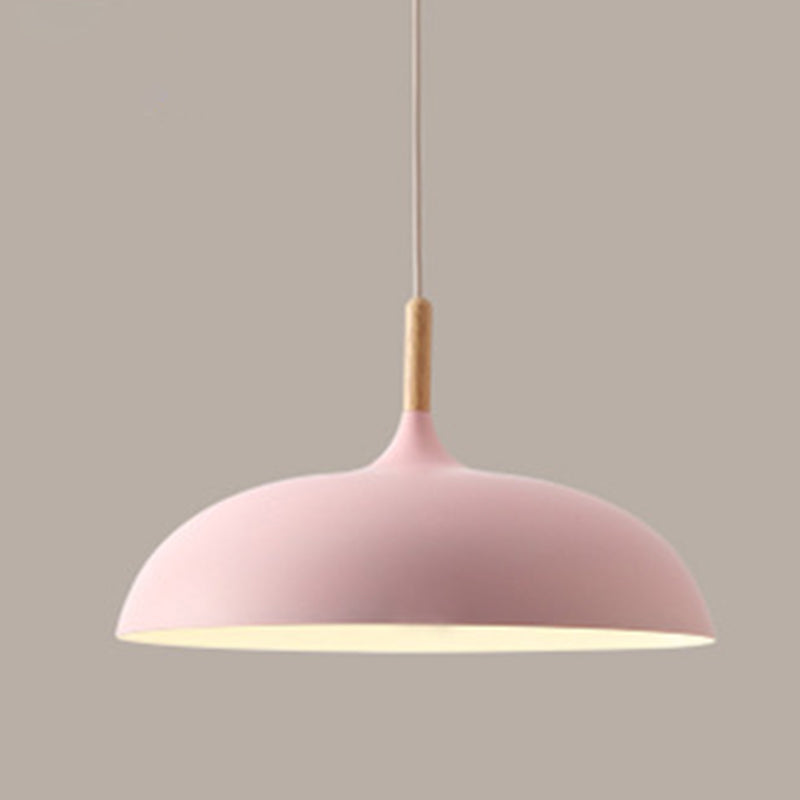 Dome Metal Pendant Ceiling Light With Wooden Top - Modern Style 1-Light Dining Room Drop Pink