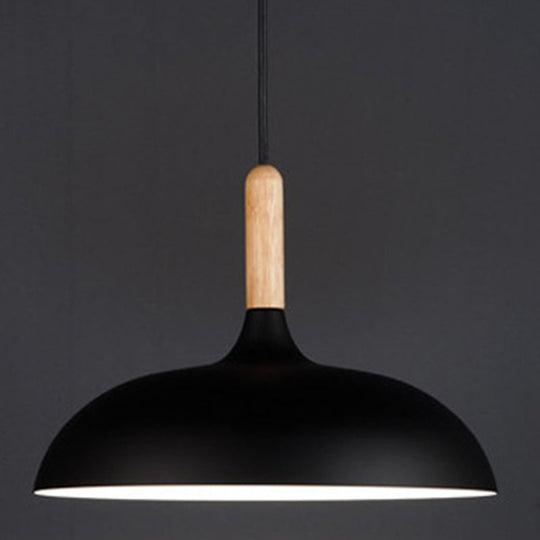 Dome Metal Pendant Ceiling Light With Wooden Top - Modern Style 1-Light Dining Room Drop Black