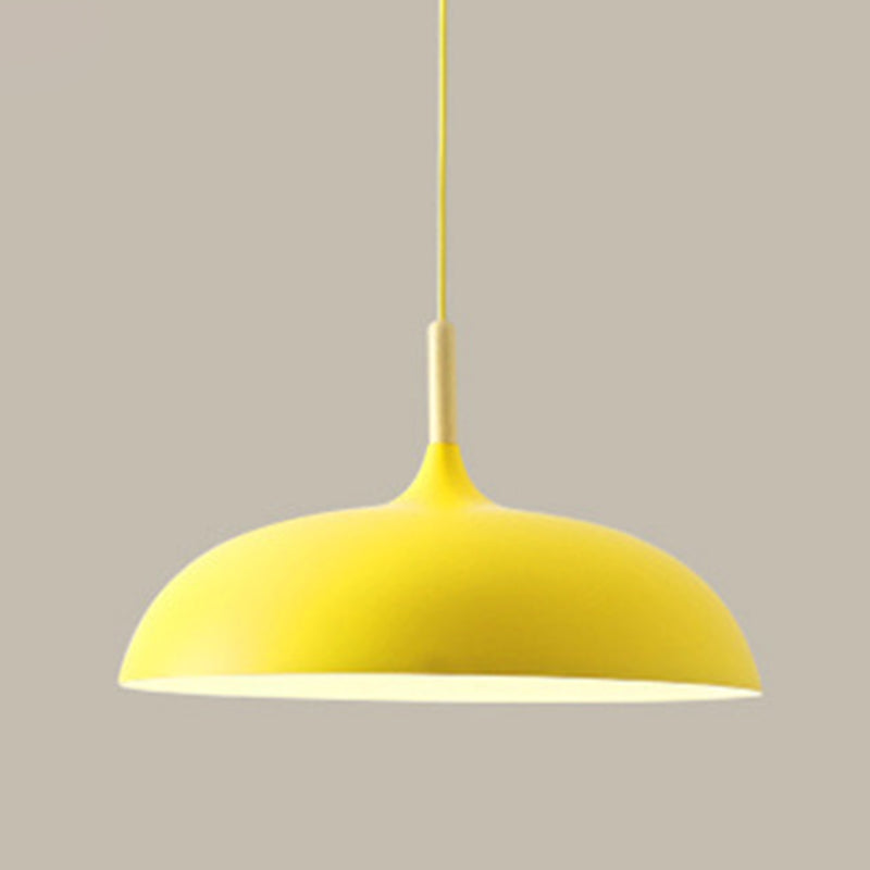 Dome Metal Pendant Ceiling Light With Wooden Top - Modern Style 1-Light Dining Room Drop Yellow