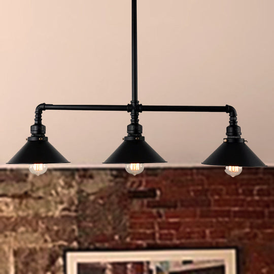 Conical Island Farmhouse Lighting - Black Metallic 3-Bulb Ceiling Light For Dining Room