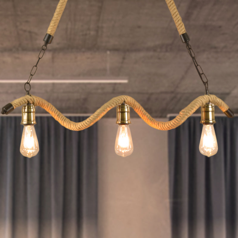 Stylish Loft Hanging Island Light With Exposed Bulbs Rope Design & 3 Lights In Beige For Dining Room