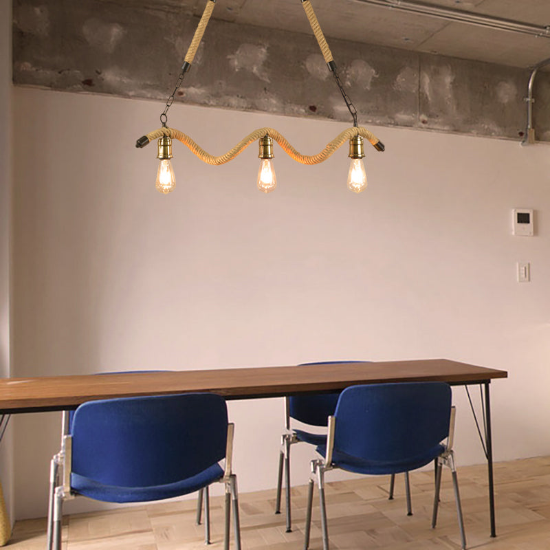 Stylish Loft Hanging Island Light With Exposed Bulbs Rope Design & 3 Lights In Beige For Dining Room