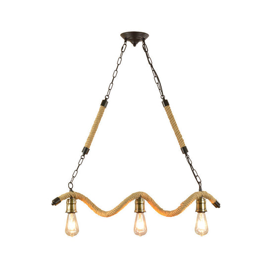 Stylish Loft Hanging Island Light With Exposed Bulbs Rope Design & 3 Lights In Beige For Dining Room