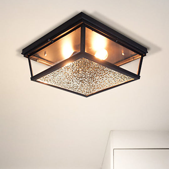 Industrial Flush Ceiling Fixture with Frosted Glass - 2 Lights, Black Finish