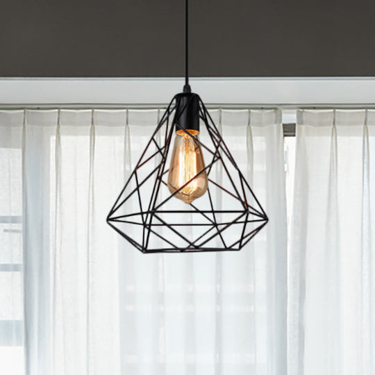 Hanging Diamond Shade Metal Kitchen Ceiling Light with Farmhouse Style and Wire Frame in Black