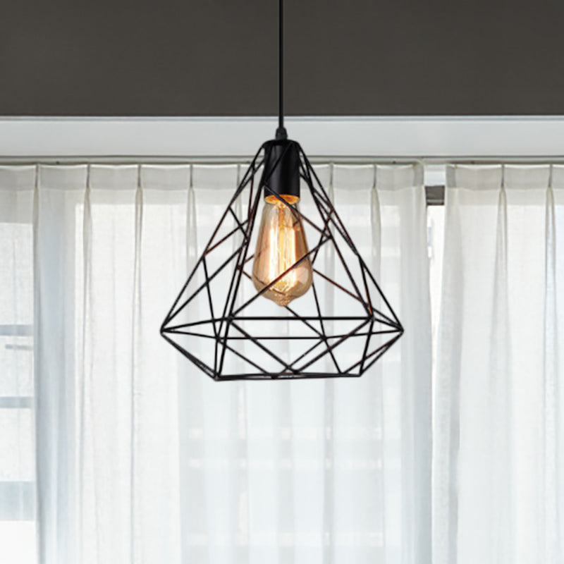 Black Metal Diamond Shade Farmhouse Kitchen Ceiling Fixture With Wire Frame