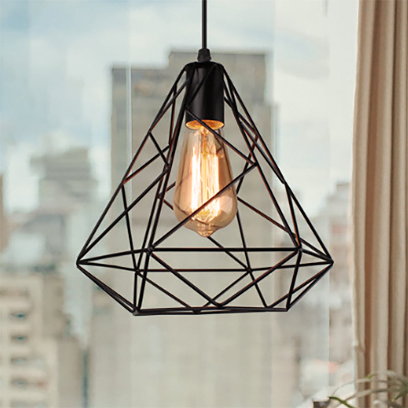 Hanging Diamond Shade Metal Kitchen Ceiling Light with Farmhouse Style and Wire Frame in Black