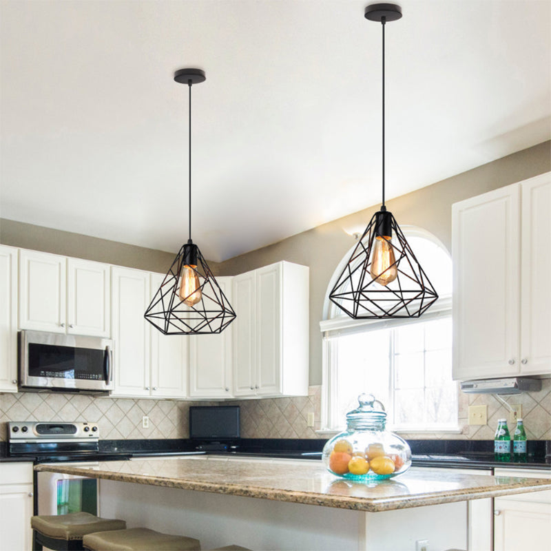 Hanging Diamond Shade Metal Kitchen Ceiling Light with Farmhouse Style and Wire Frame in Black