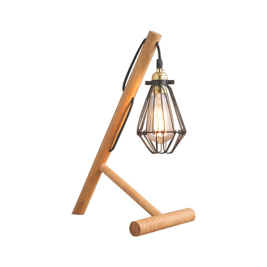 Metallic Caged Table Lamp - Industrial Style 1 Light Beige With Wooden Base For Living Room