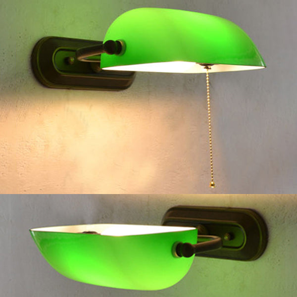 Green Banker Wall Light With Pull Chain Tiffany Stained Glass 1 Head Mount Fixture For Bedside