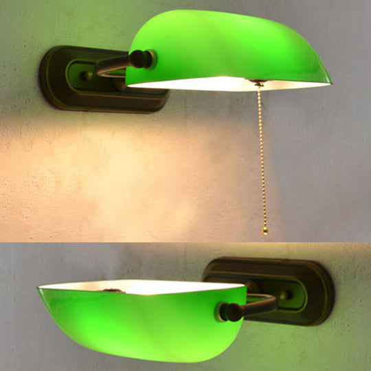 Green Banker Wall Light With Pull Chain Tiffany Stained Glass 1 Head Mount Fixture For Bedside