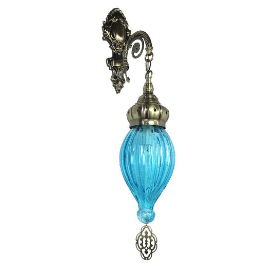 Teardrop Sconce: Wall Mounted Carved Metal Lamp With Black/White/Light Blue Glass