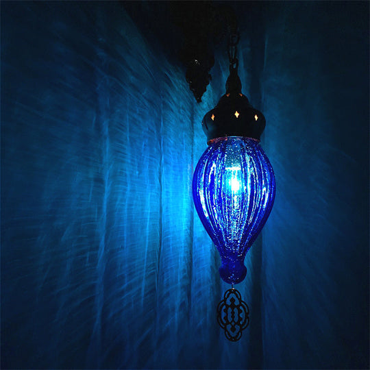 Teardrop Sconce: Wall Mounted Carved Metal Lamp With Black/White/Light Blue Glass Dark