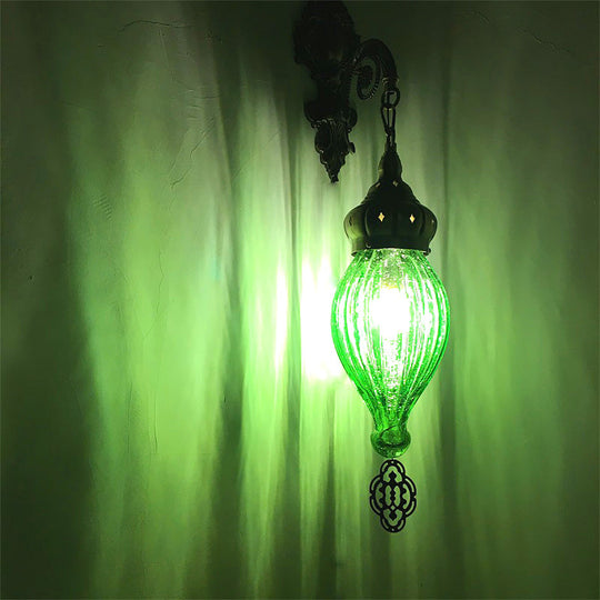 Teardrop Sconce: Wall Mounted Carved Metal Lamp With Black/White/Light Blue Glass Green