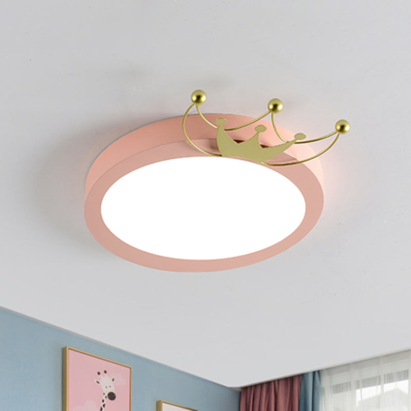 Nordic Drum Flushmount Lighting: Gold Crown LED Flush Light for Kids - Blue/Pink, Warm/White Light