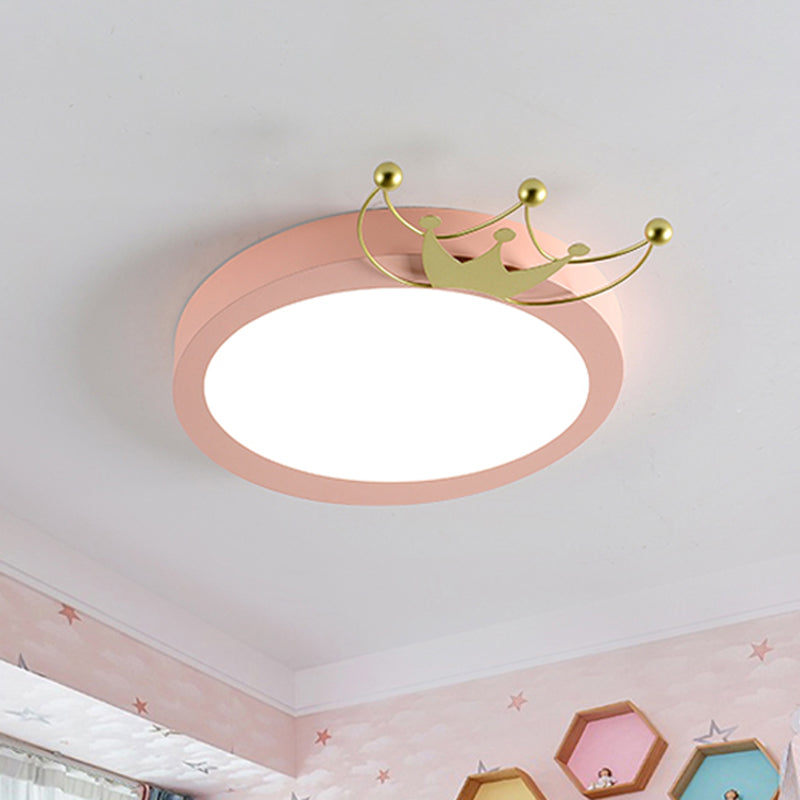 Nordic Drum Flushmount Lighting: Gold Crown LED Flush Light for Kids - Blue/Pink, Warm/White Light