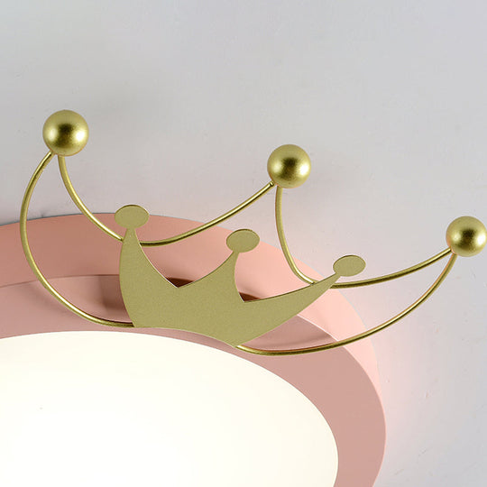 Nordic Drum Flushmount Lighting: Gold Crown LED Flush Light for Kids - Blue/Pink, Warm/White Light