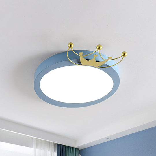 Nordic Drum Flushmount Lighting: Gold Crown LED Flush Light for Kids - Blue/Pink, Warm/White Light