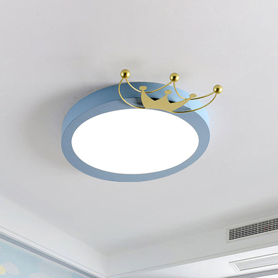 Nordic Drum Flushmount Lighting: Gold Crown LED Flush Light for Kids - Blue/Pink, Warm/White Light