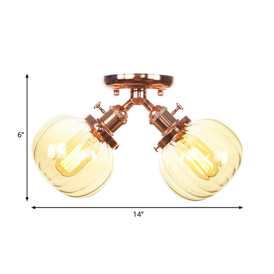 Industrial Style Amber/Clear Glass Ball Pendant Light - 2 Heads - Restaurant Ceiling Mounted Lamp