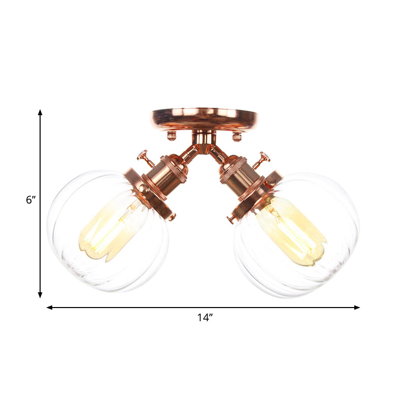 Industrial Style Amber/Clear Glass Ball Pendant Light - 2 Heads - Restaurant Ceiling Mounted Lamp