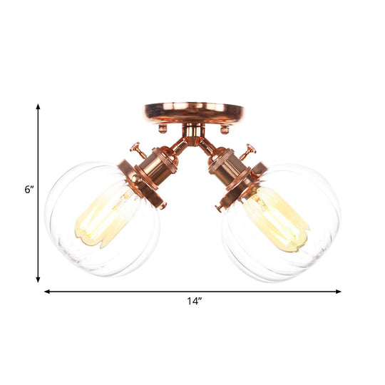 Industrial Style Amber/Clear Glass Ball Pendant Light - 2 Heads Restaurant Ceiling Mounted Lamp