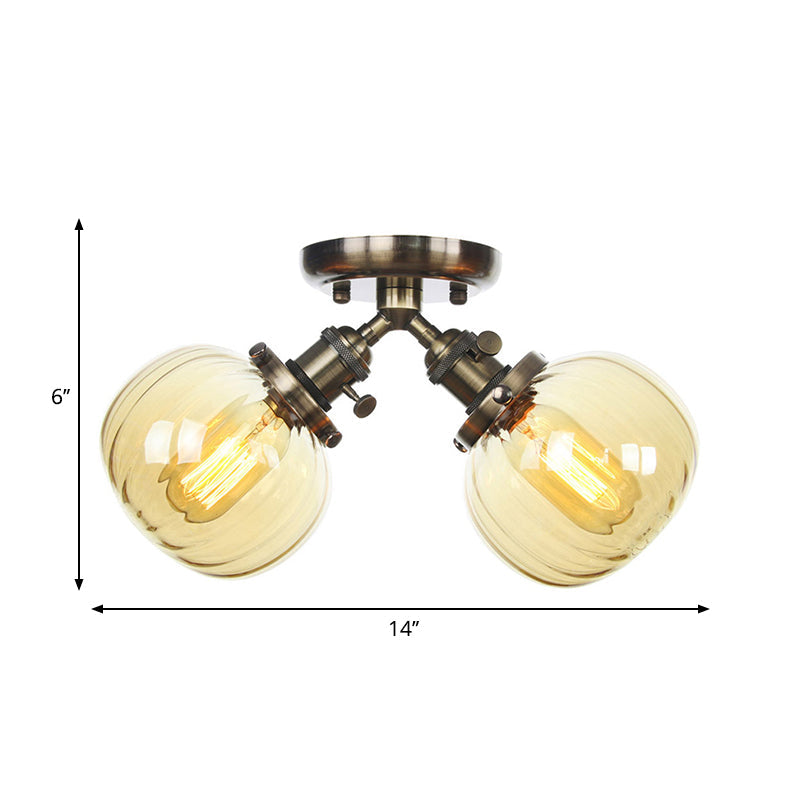 Industrial Style Amber/Clear Glass Ball Pendant Light - 2 Heads - Restaurant Ceiling Mounted Lamp