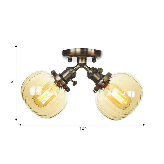 Industrial Style Amber/Clear Glass Ball Pendant Light - 2 Heads - Restaurant Ceiling Mounted Lamp