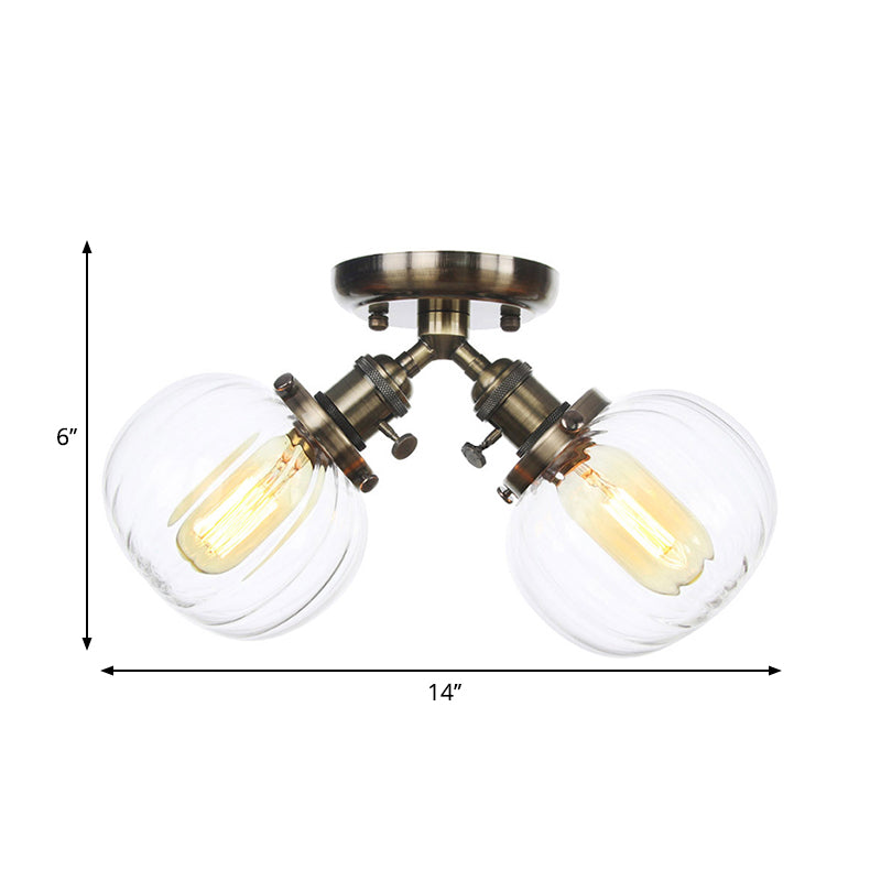 Industrial Style Amber/Clear Glass Ball Pendant Light - 2 Heads Restaurant Ceiling Mounted Lamp