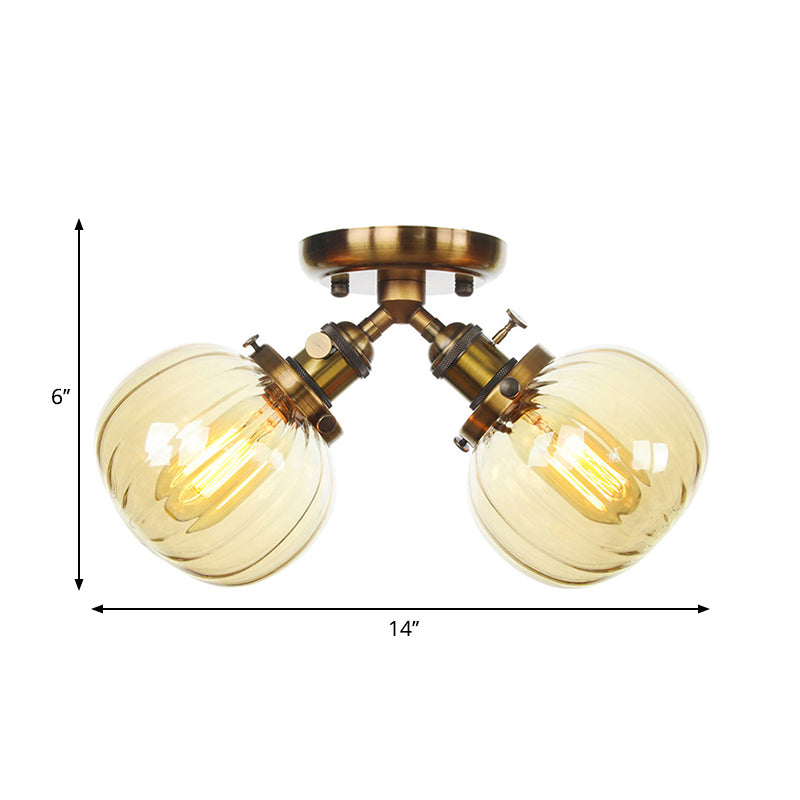 Industrial Style Amber/Clear Glass Ball Pendant Light - 2 Heads - Restaurant Ceiling Mounted Lamp