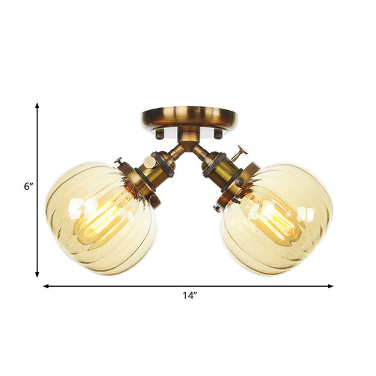 Industrial Style Amber/Clear Glass Ball Pendant Light - 2 Heads - Restaurant Ceiling Mounted Lamp