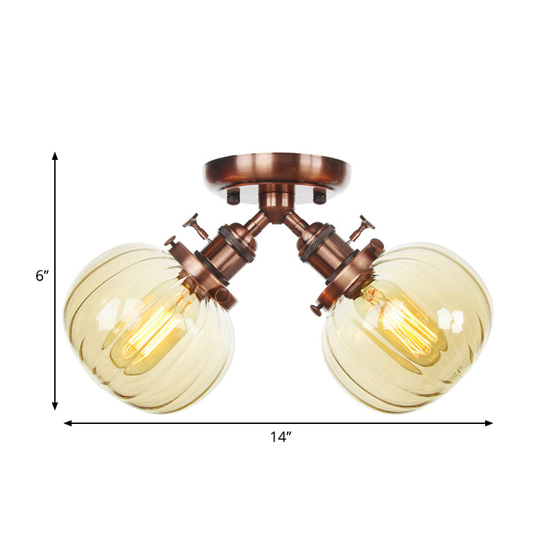 Industrial Style Amber/Clear Glass Ball Pendant Light - 2 Heads - Restaurant Ceiling Mounted Lamp