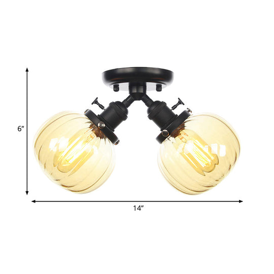 Industrial Style Amber/Clear Glass Ball Pendant Light - 2 Heads - Restaurant Ceiling Mounted Lamp