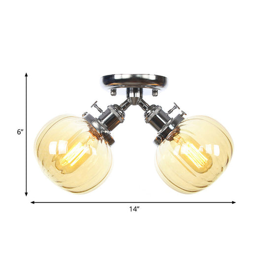 Industrial Style Amber/Clear Glass Ball Pendant Light - 2 Heads - Restaurant Ceiling Mounted Lamp