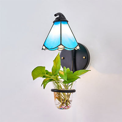 Tiffany Flower Blue/White Glass Wall Mounted Sconce With Plant Decoration - 1 Head Light Fixture