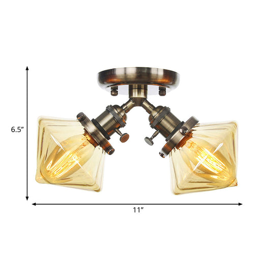 Diamond Amber/Clear Glass Semi Mount Farmhouse Light Fixture - 2-Light Semi Flush, Black/Bronze Design - Ideal for Restaurants