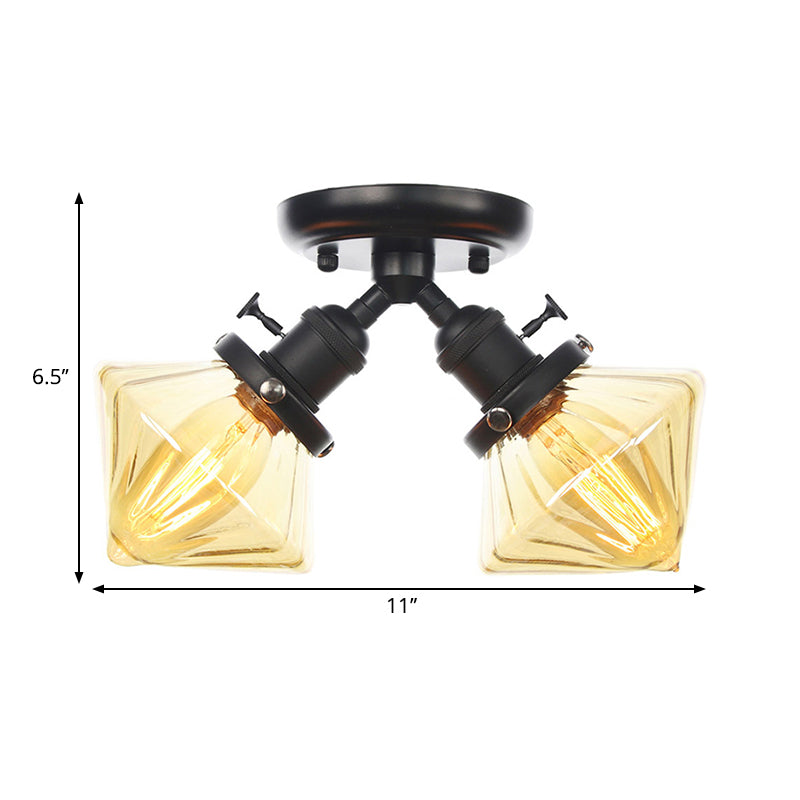 Diamond Amber/Clear Glass Semi Mount Farmhouse Light Fixture - 2-Light Semi Flush, Black/Bronze Design - Ideal for Restaurants