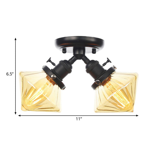 Diamond Amber/Clear Glass Semi Mount Farmhouse Light Fixture - 2-Light Semi Flush, Black/Bronze Design - Ideal for Restaurants