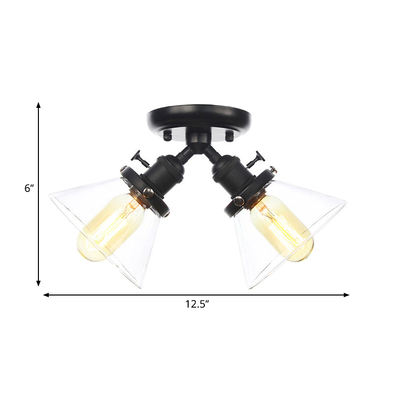 Vintage Style Restaurant Ceiling Light Fixture- 2 Heads, Black/Bronze Semi Flush Mount- Amber/Clear Conic Glass Shade