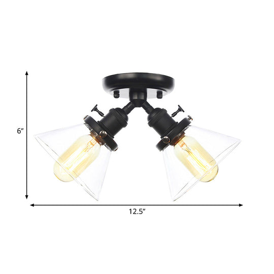 Vintage Style Restaurant Ceiling Light Fixture- 2 Heads, Black/Bronze Semi Flush Mount- Amber/Clear Conic Glass Shade