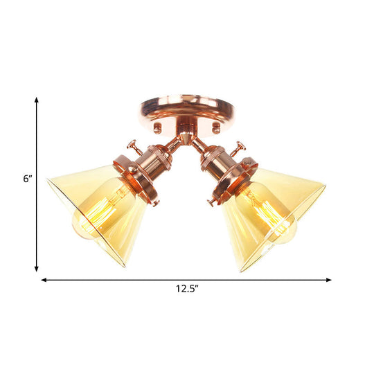 Vintage Style Semi Flush Mount Restaurant Ceiling Light With Conic Amber/Clear Glass Shade - 2 Heads