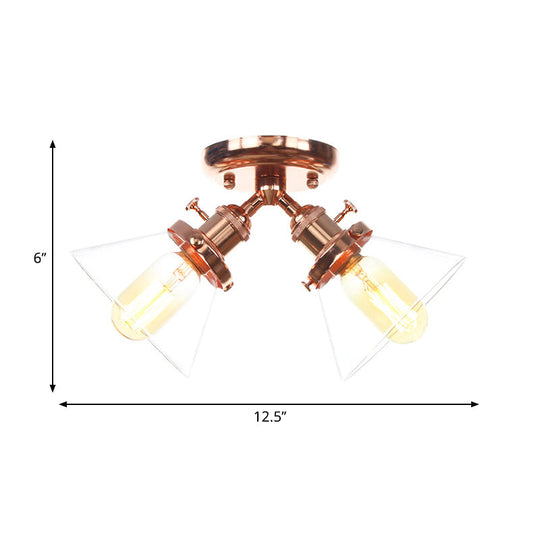 Vintage Style Semi Flush Mount Restaurant Ceiling Light With Conic Amber/Clear Glass Shade - 2 Heads