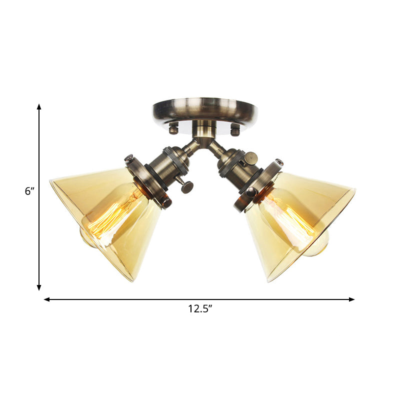 Vintage Style Semi Flush Mount Restaurant Ceiling Light With Conic Amber/Clear Glass Shade - 2 Heads