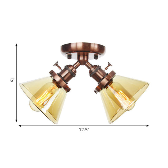 Vintage Style Semi Flush Mount Restaurant Ceiling Light With Conic Amber/Clear Glass Shade - 2 Heads