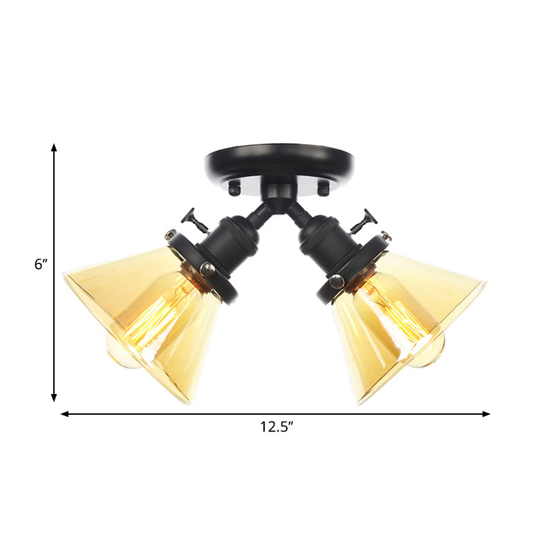 Vintage Style Restaurant Ceiling Light Fixture- 2 Heads, Black/Bronze Semi Flush Mount- Amber/Clear Conic Glass Shade