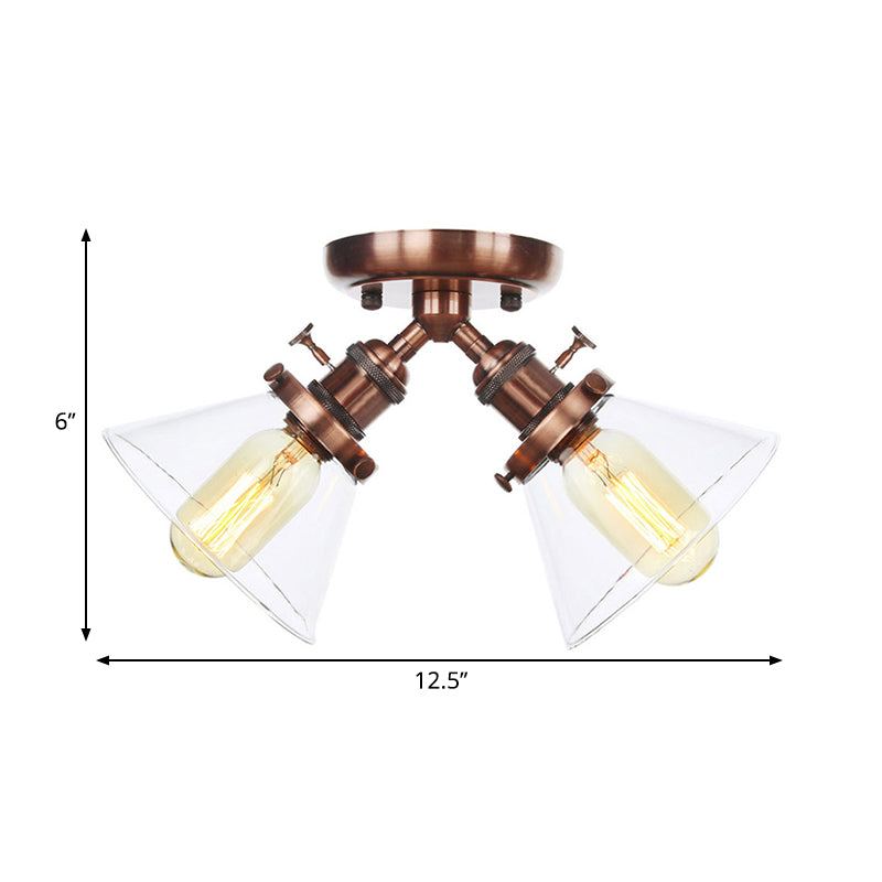 Vintage Style Semi Flush Mount Restaurant Ceiling Light With Conic Amber/Clear Glass Shade - 2 Heads