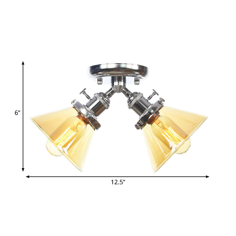 Vintage Style Semi Flush Mount Restaurant Ceiling Light With Conic Amber/Clear Glass Shade - 2 Heads