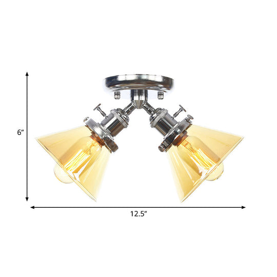 Vintage Style Semi Flush Mount Restaurant Ceiling Light With Conic Amber/Clear Glass Shade - 2 Heads